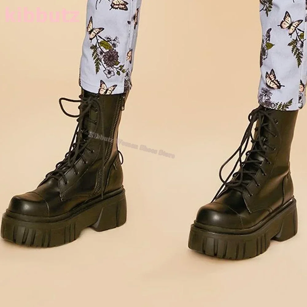 

Punk Rock Y2K Mid Calf Boot Thick Sole Round Toe Platform Luxury Leather Solid Color Side Zipper Fashion Concise Sexy Shoes New