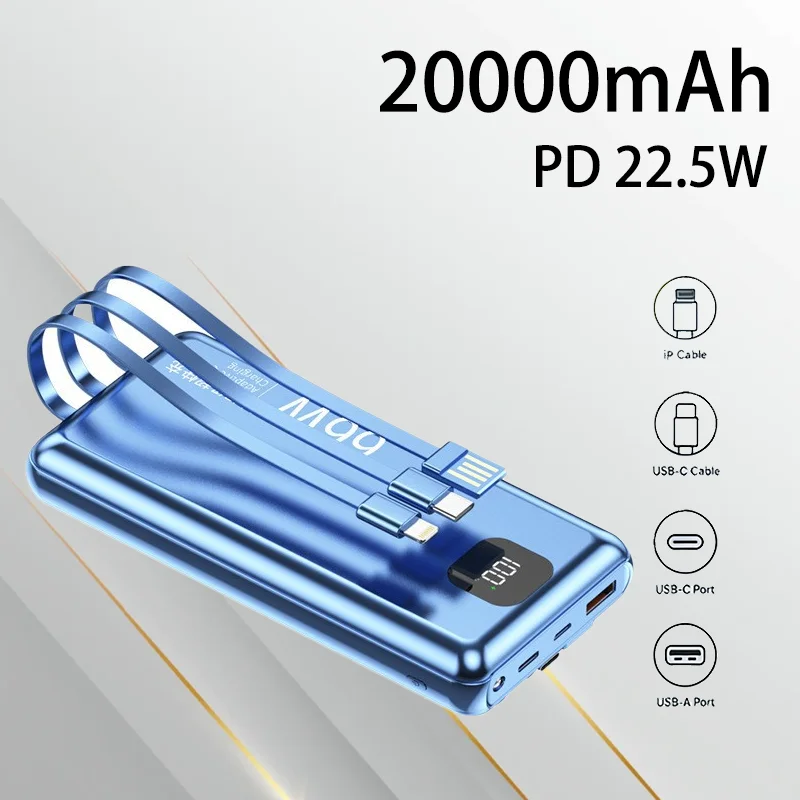 

Portable Super Fast Charging Power Bank 20000mAh Built in Cable High Capacity Emergency Charger For Travel Camping Outdoor Use