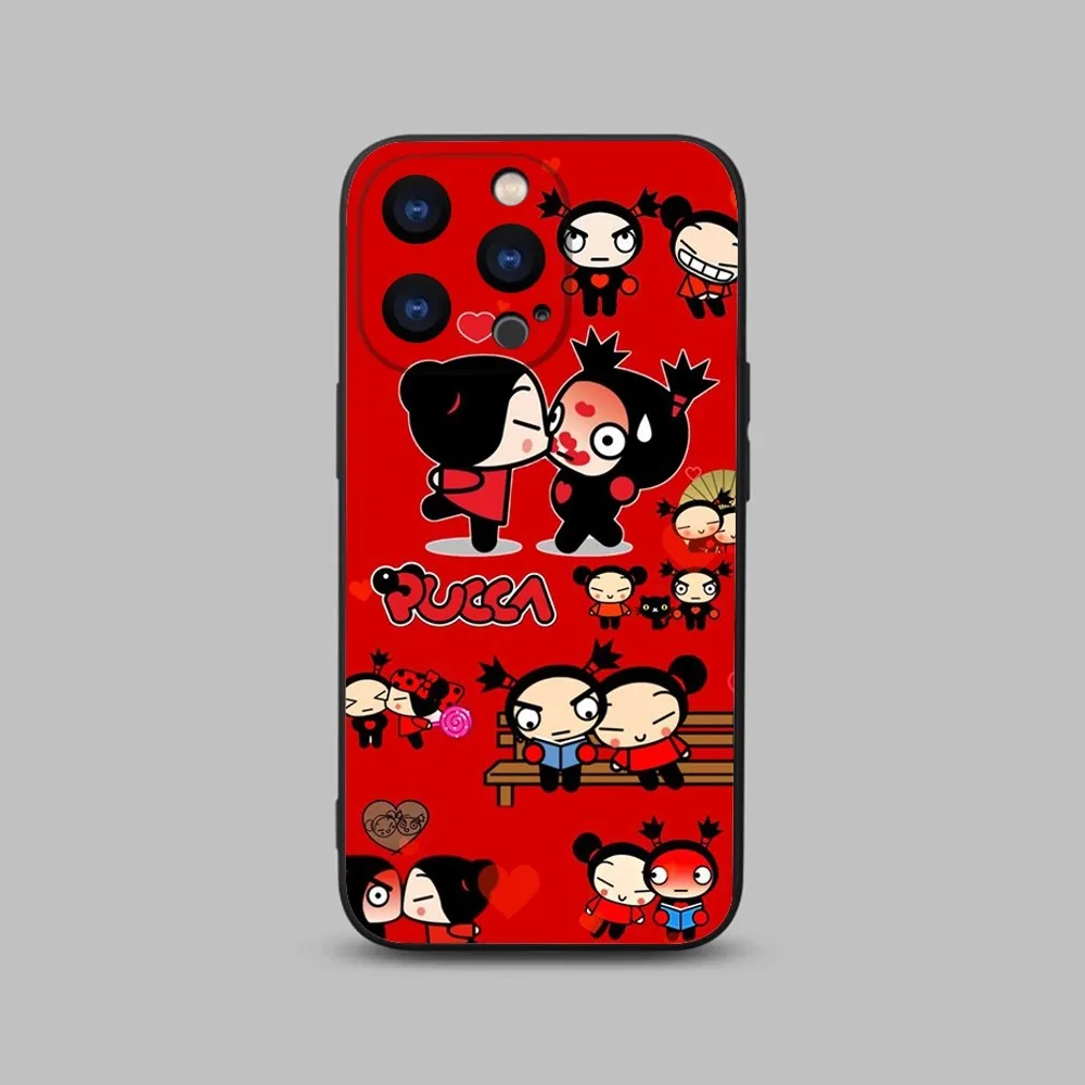 Cartoon Pucca Garu Phone Case For iPhone 15,14,13,12,11 Plus,Pro,Max,XR,XS,X,7,8 Plus,SE,Mini Black Silicone Soft