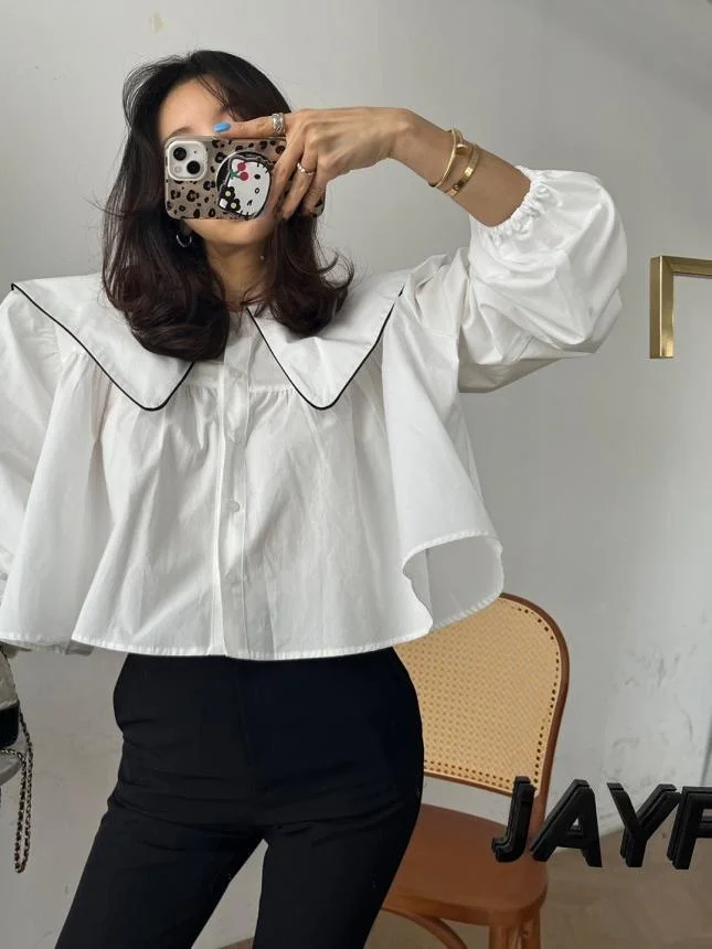 

Loose Women's irt with Big Collar Lazy Sle Pleated Ruffle Hem Anti-Aging Doll Collar Top Trendy Color Blo