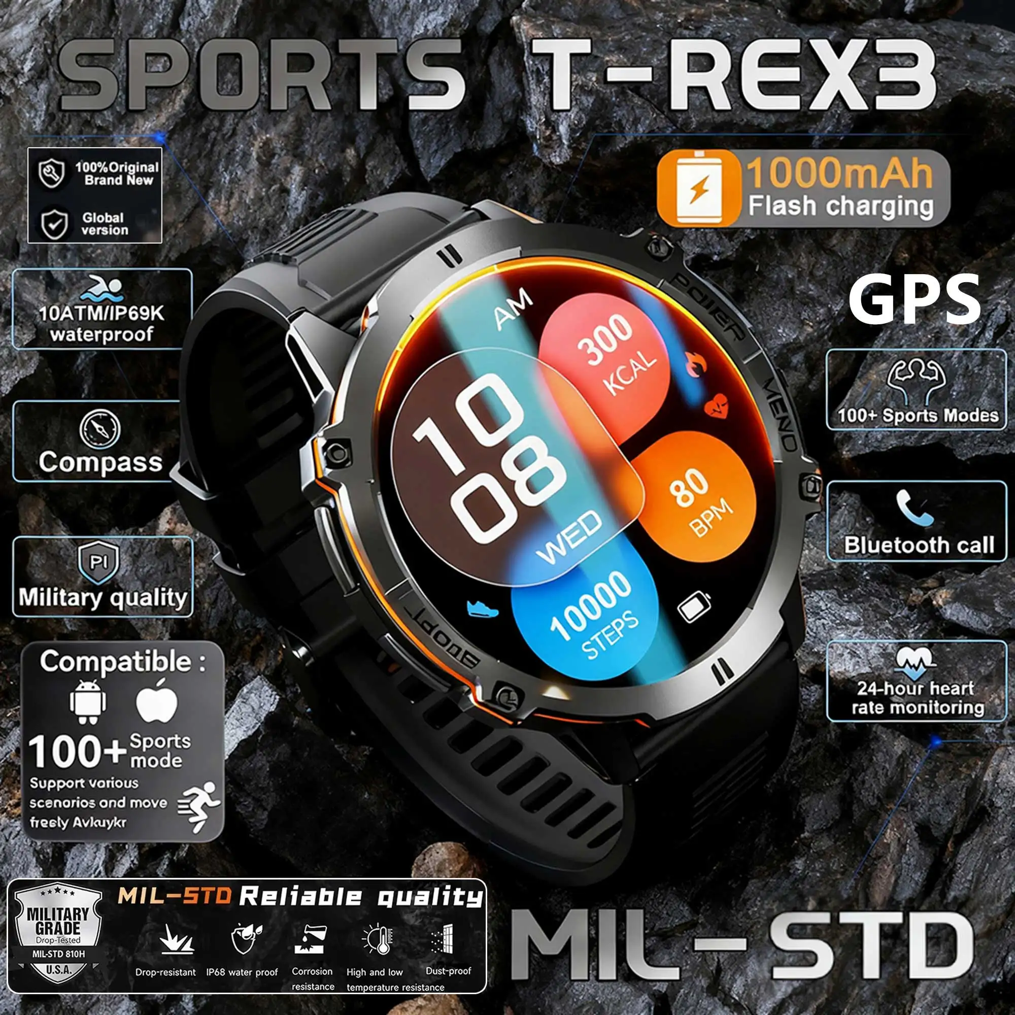 

2025 New TANK X3 Military Grade 1000mAh Battery Smart Watch 5ATM Waterproof GPS Compass BT Call AMOLED HD Men Sports Smartwatch