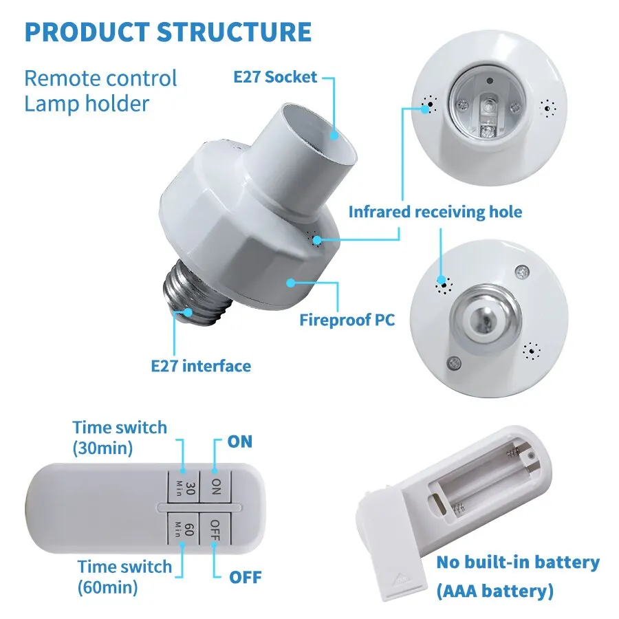 Wireless Remote Control Smart Timer Switch E27 Lamp Holder 220V House Multi Light Switch Baby Room Bedroom 30/60min Timer Switch