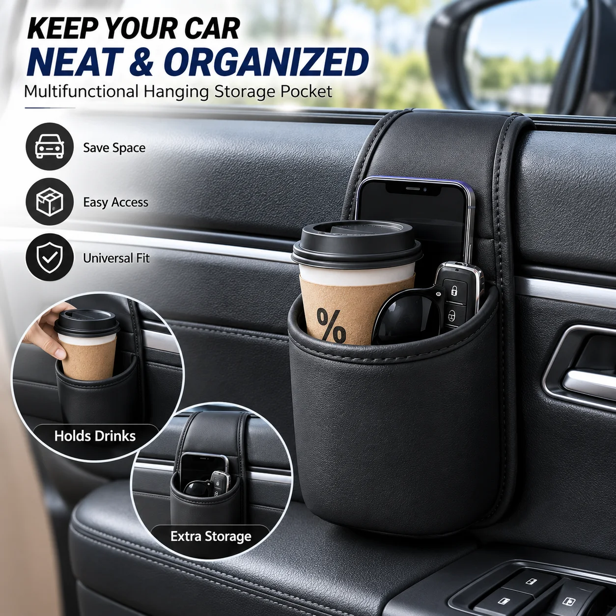 Universal PU Leather Car Door Cup Holder Multifunctional Window Side Storage Bucket Phone Bag Car Interior Organizer Accessories