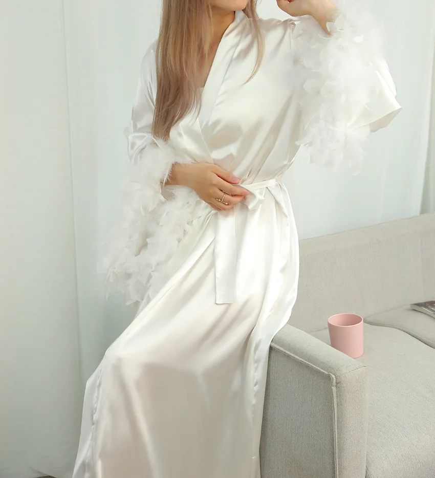 Kimono en plumes Blush, Robe Boudoir, Longueur au Sol, Robes Maxi IQUE Gown, Bride to Be Hen Party, InjLingerie