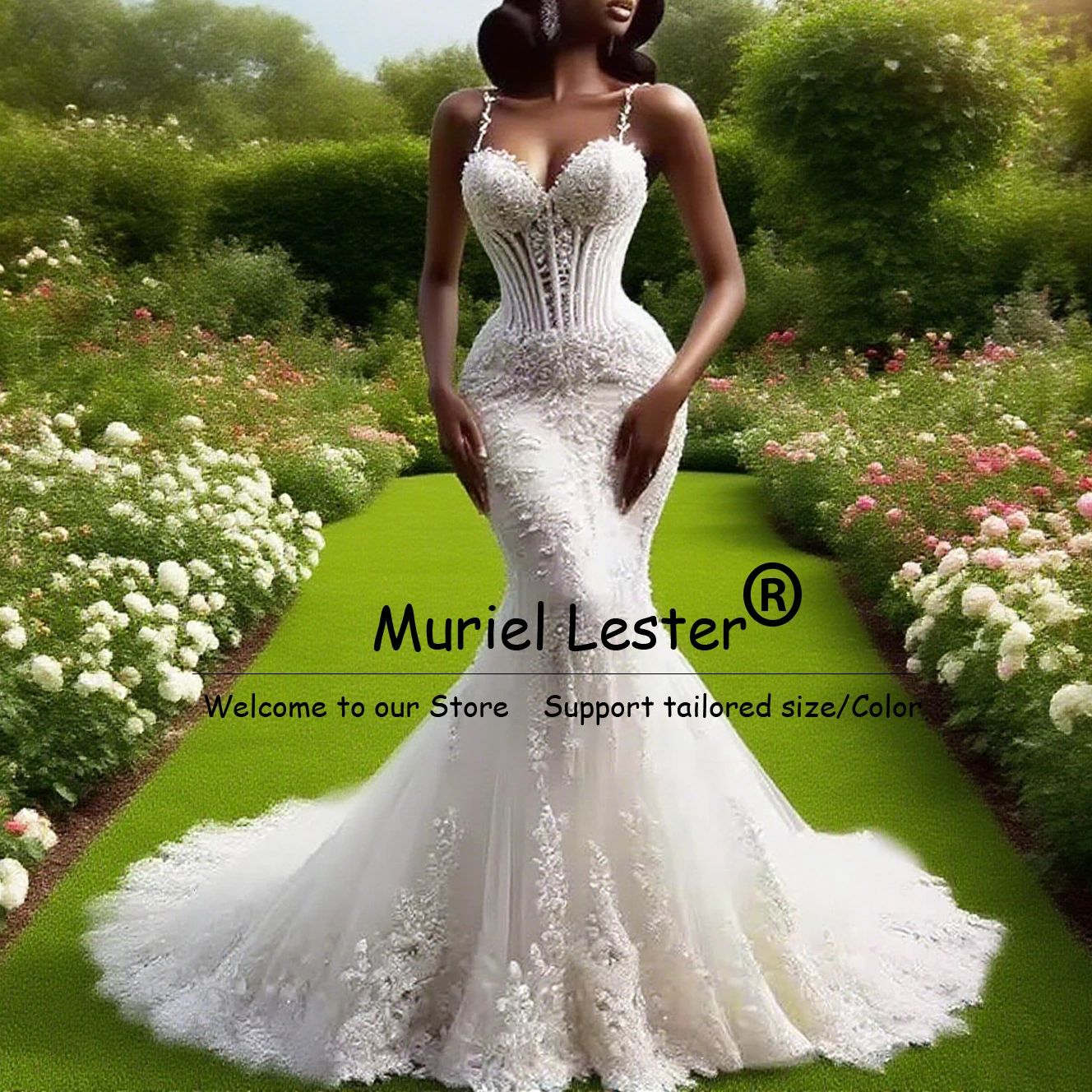 신부를위한 럭셔리 환상 레이스 아플리케 웨딩 드레스 스파게티 스트랩 인어 신부 가운 맞춤형 아프리카 파티 의류