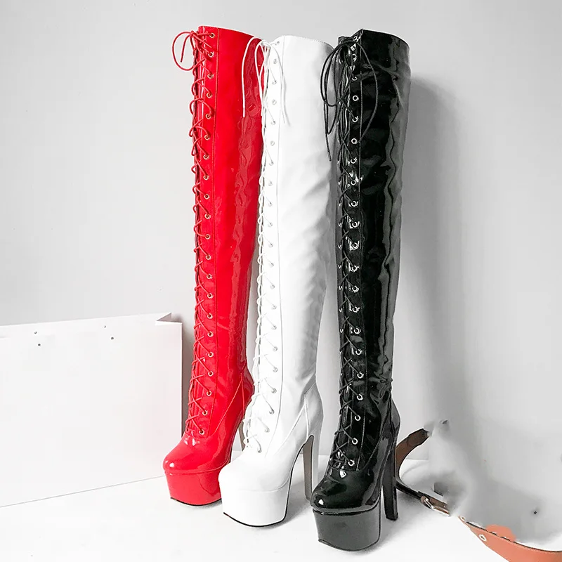 Sexy Over the Knee Boots Women Platform Lace-up Fetish Dance Nightclub Long Shoe Female Heel Thigh High Boot Red White Plus Size view 5