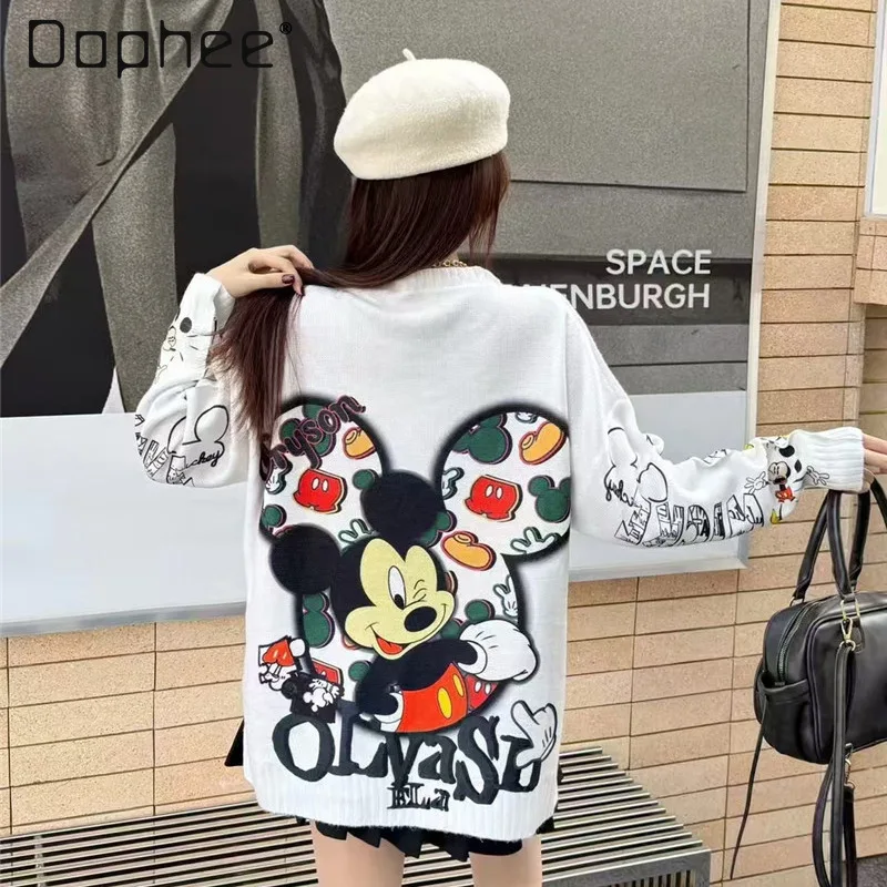 Cartoon Print Strass Rundhals Langarm Pullover Pullover für Frauen Süße Nette Lose Fit Herbst Winter Gestrickte Pullover
