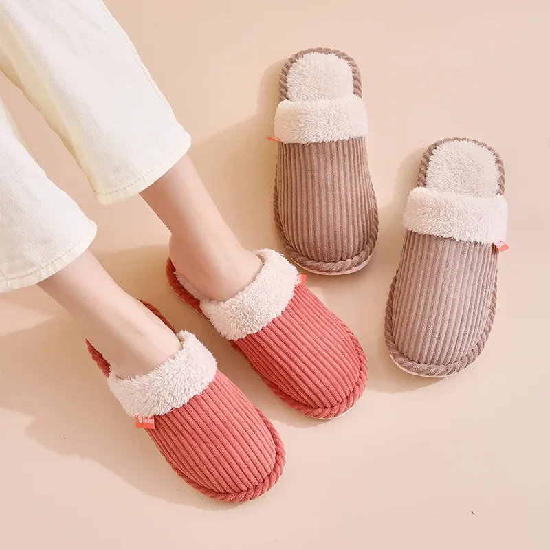 Couple Corduroy Plush Winter Slippers for Men Women, Warm Soft Indoor House Slides 1Pair