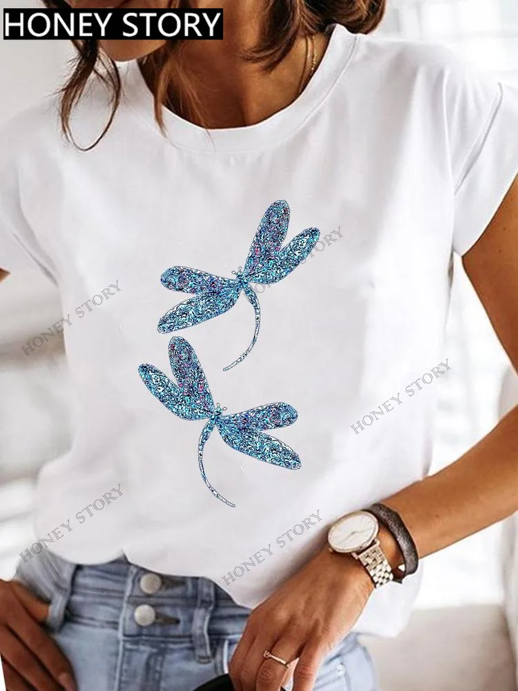 Explosive Dragonfly Butterfly Print Base Top Loose Women's Short-sleeved T-shirt Round Neck Oversized T Shirt  Women Clothes