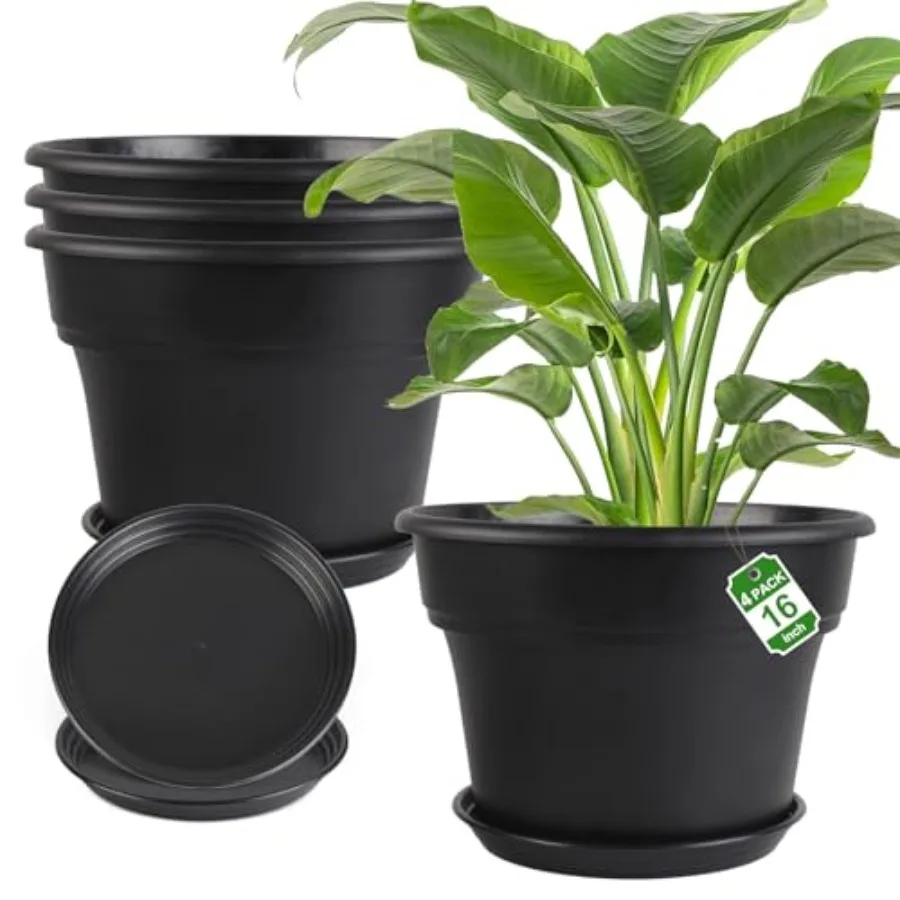 

Набор из 4 больших пластиковых горшков для растений 16 дюймов, для уличных и комнатных растений, с дренажными отверстиями и поддонами, классический дизайн