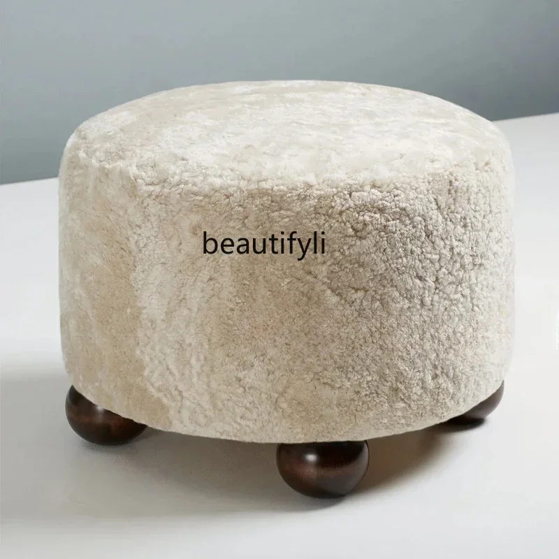 Medieval cream style lamb wool low stool French simple fabric, designer household small apartment sofa stool