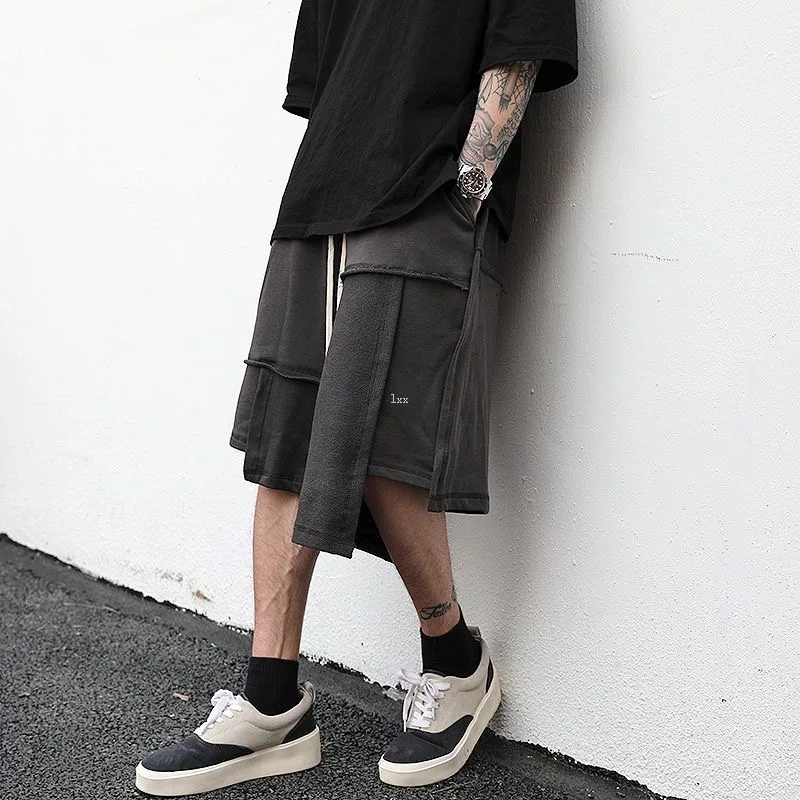 Men Plus Size 150KG Asymmetric Shorts Male Trendy Knee Length Shorts Daily Design Drawstring Handsome Streetwear Loose Shorts