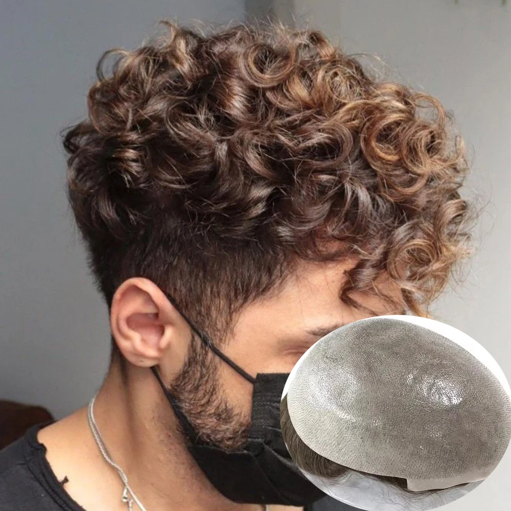 Undetectable Men Toupee 0.06mm Ultra Thin Skin Human Hair 20mm Curly Hair Replacement System 120% Bald Men Capillary Prosthesis