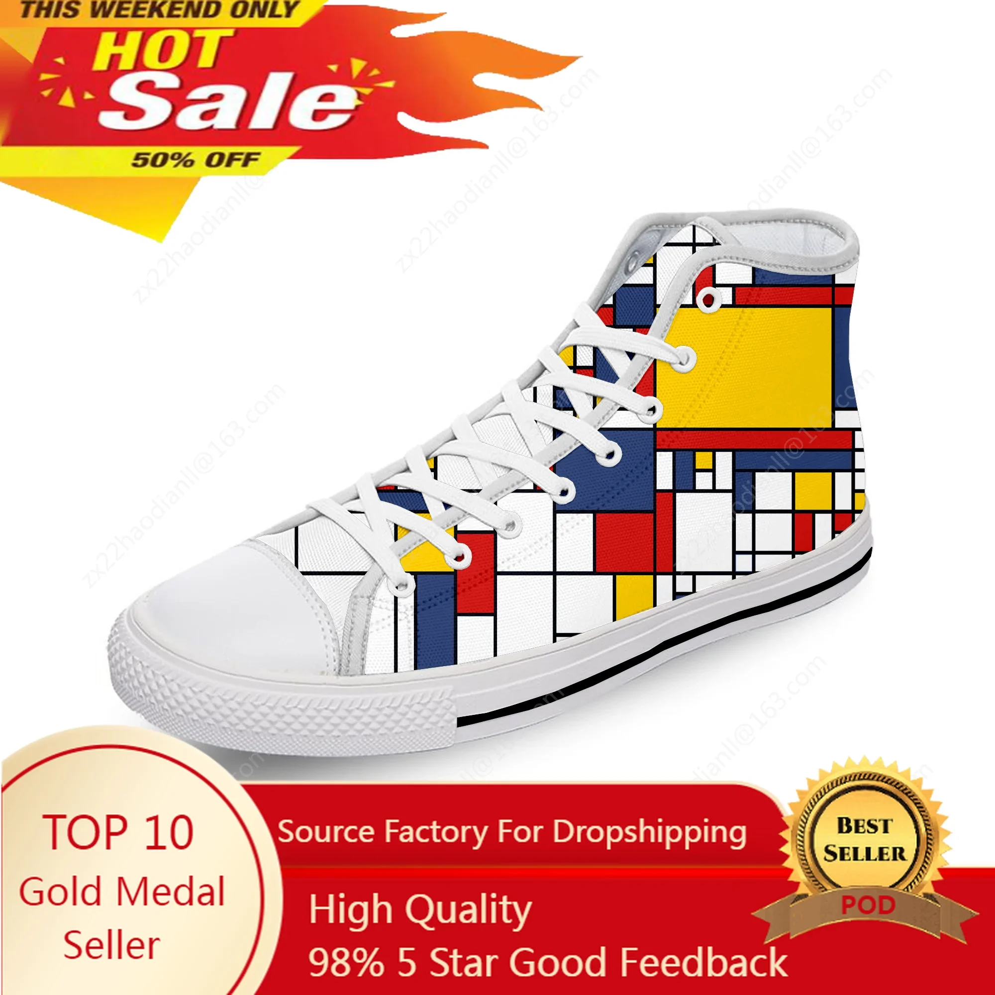 

Mondrian Abstract Art Aesthetic White Cloth Fashion 3D Print High Top Canvas Shoes Men Women Lightweight Breathable Sneakers