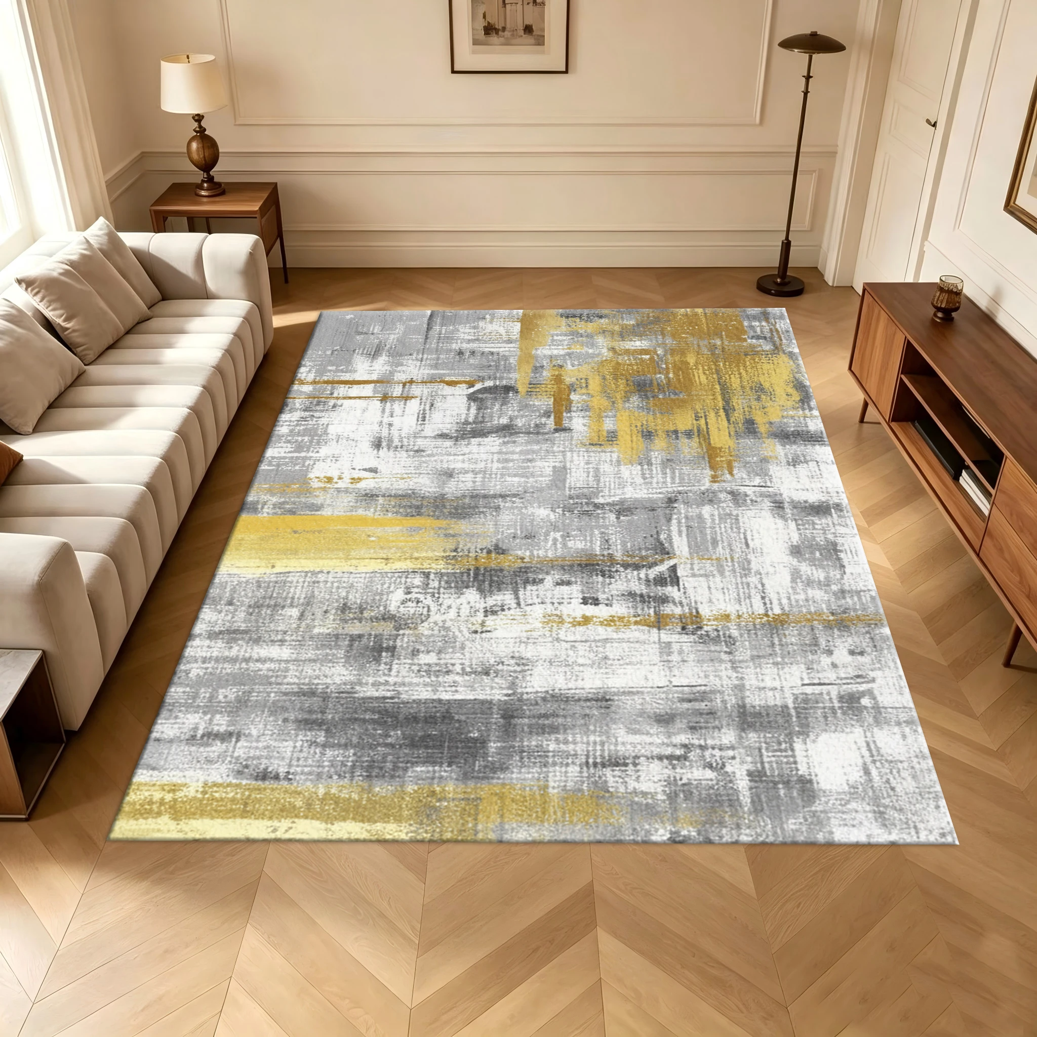 Abstract Grey Gold Brush Stroke Carpet Flooring Modern Art Decor Area Rug for Living Room Bedroom Home Decor
