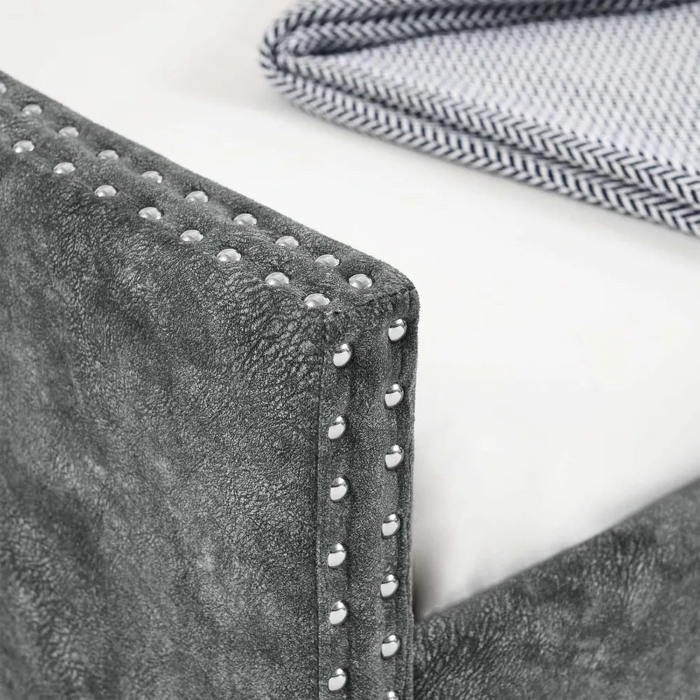 سرير نهاري حديث منجد من الكتان بالحجم الكامل مع أريكة معنقدة بأزرار وإطار سرير دولابي #5