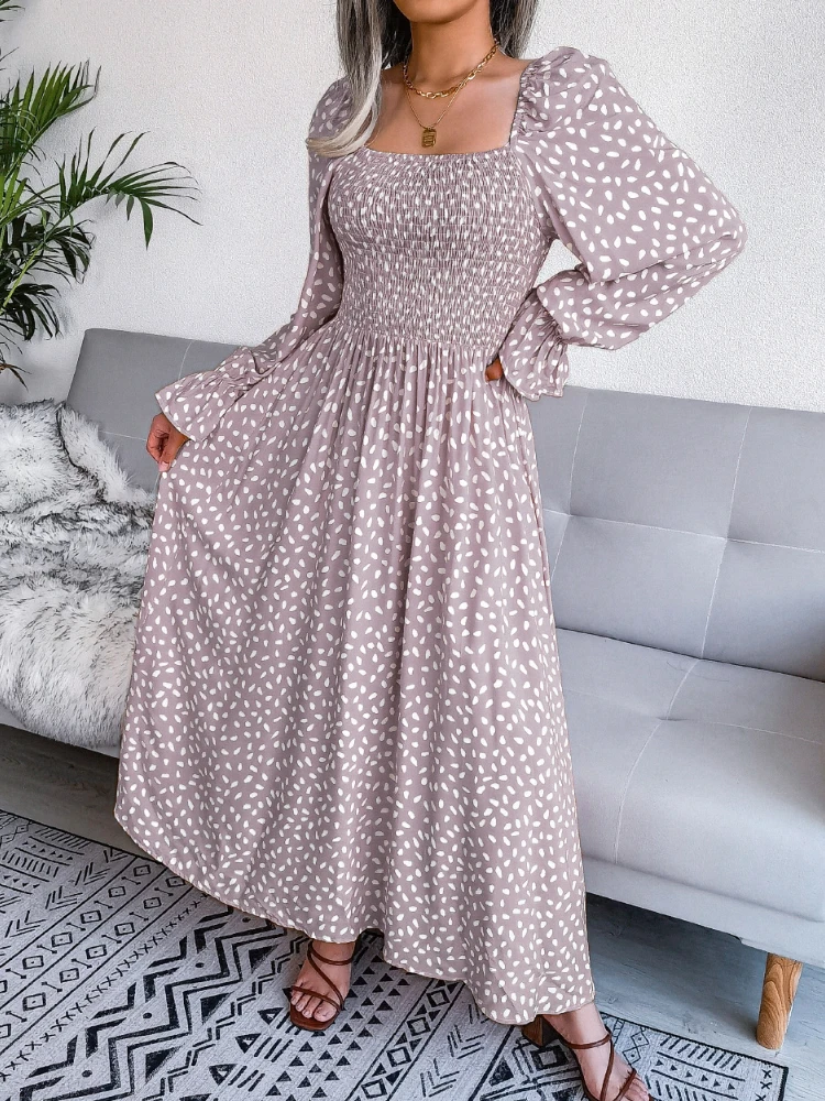 Square Neck Long Sleeve Pleated Dresses Summer Middle Waist Big Swing Flare Sleeve Ankle-length Dresses for Women 2023 Fashion