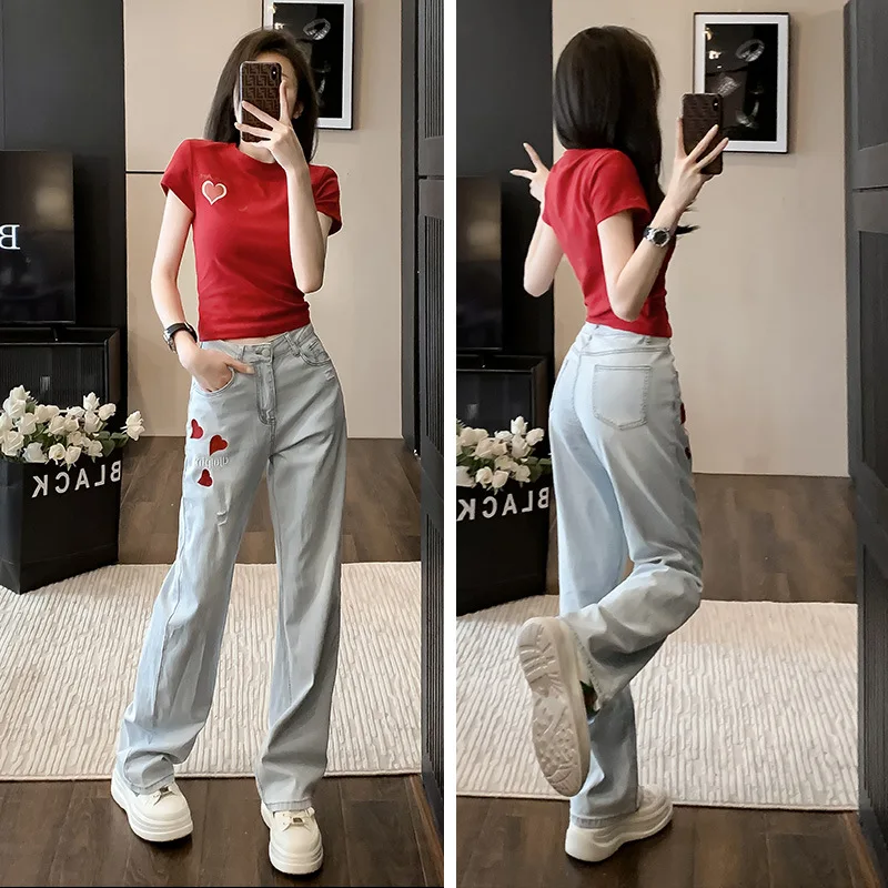 Fashionable Street Blazing Casual Set for Women's Summer New European Fashion Slimming High Straight Leg Jeans Two Piece Set