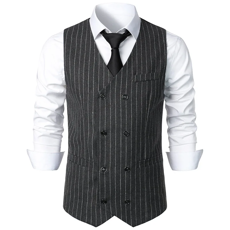 

Men's Formal Pinstripe Double Breasted Suit Vest 2023 Brand New Slim Fit Sleeveless Waistcoat Men Gentleman Business Retro Vests