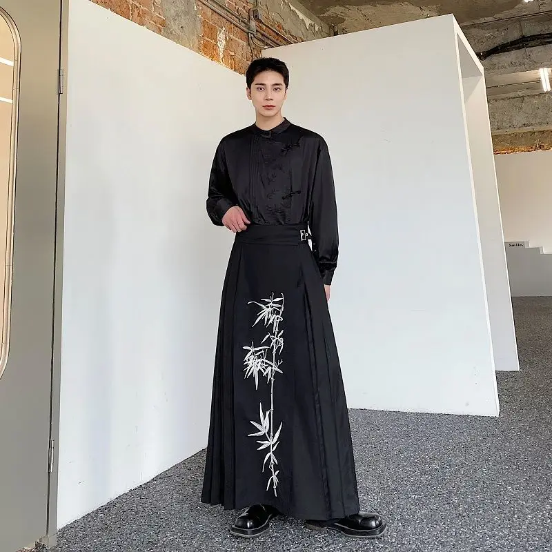 Mode schwarz Bambus bestickt Plissee Pferd Gesicht Rock chinesische traditionelle Kleidung für Männer trend ige Straße Freizeit hose