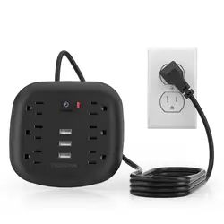 TRANSTON Power Outlet with Surge Protector, 6 power strip 3 USB Ports, 3.3ft Extension Cord, Fire Resistant, For Home and Off