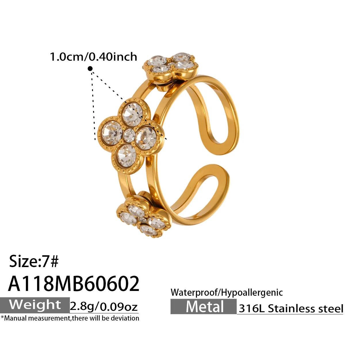 316L Edelstahlring 18K Vergoldet Farbige Blume Zirkon Glücksbringer Vierblättriges Kleeblatt Offener Ring Trendiger Modeschmuck für Damen – Detail 7