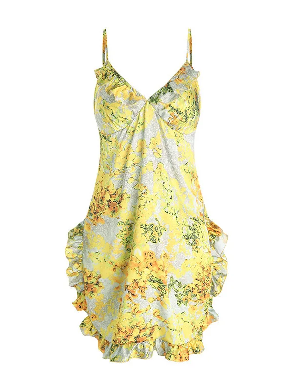 女性のための黄色の花柄のサテンドレス,韓国スタイル,スプリットドレス,Vネック,胸のクッション,波状のエッジ,ルーズ,エレガント,夏,jx4