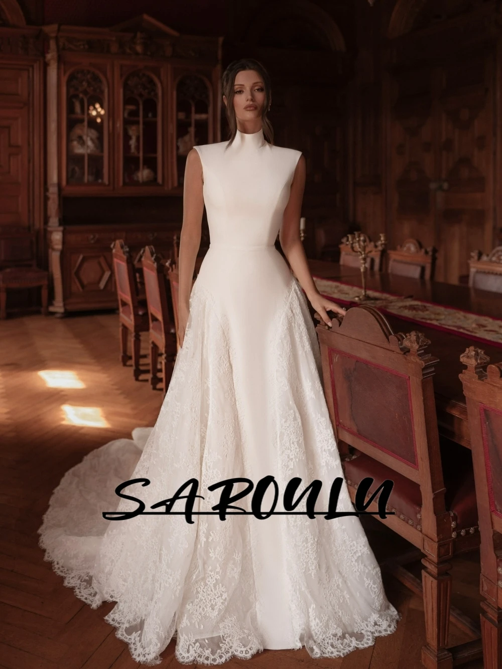 

2026 Modest High Neck Lace Wedding Gown Newest Graceful A Line Customized Classic Sleeveless Intricate Long Bridal Gown