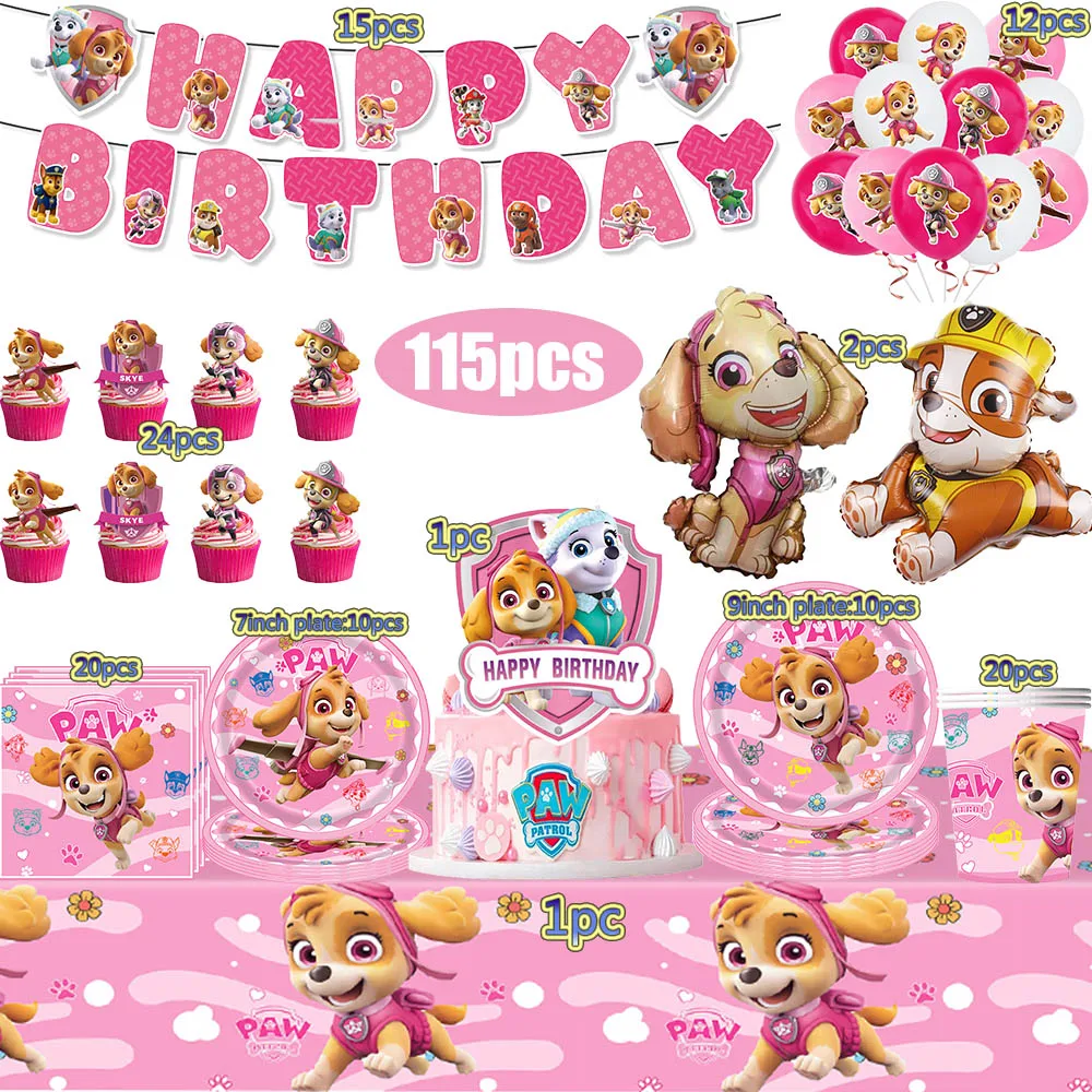 Geburtstagsparty-Dekoration Rosa Paw Patrol Kinder-Geburtstagsparty Einweg-Geschirr Becher Teller Luftballons Babyparty-Spielzeug