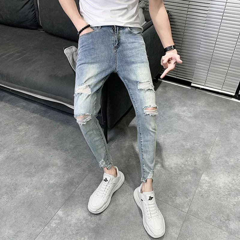 

Slim Fit Nine-Tenths Jeans Men's 27 Size XS Small Pencil Hole Ripped Denim Pants Spring Summer Casual Breathable Cotton Polye...