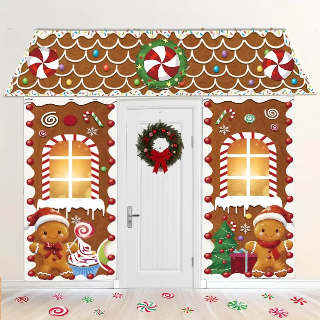 Christmas Decorations Gingerbread Man Scene Gingerbread Man House Backdrops Long LED String Light Candy Stickers Christmas Backdrop for Party & Wall Deco