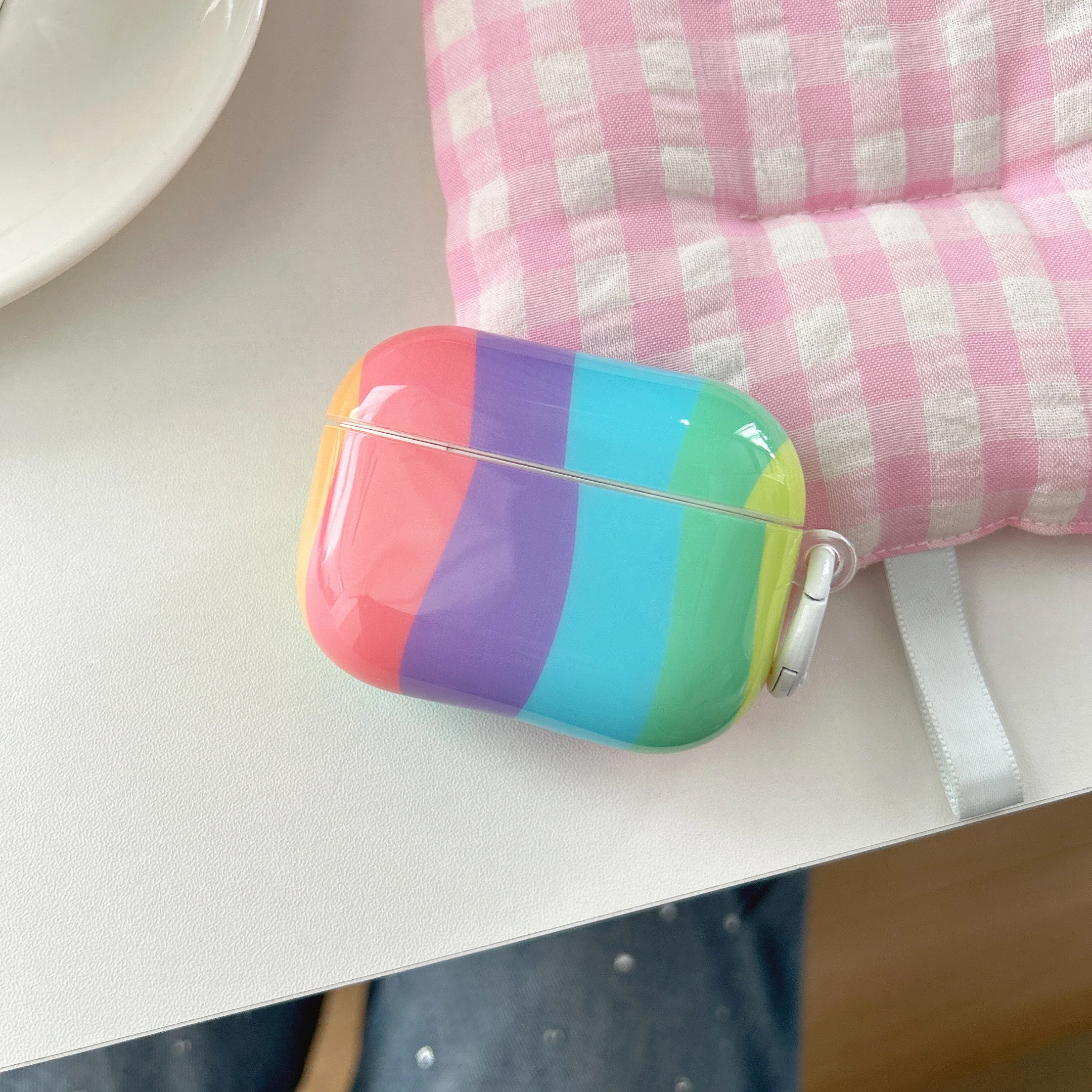 Fashion Rainbow Splicing Vertical Stripes Pattern Glossy Earphone Cover Case For AirPods 1 2 3 4 5 Pro Pro2 Pro3