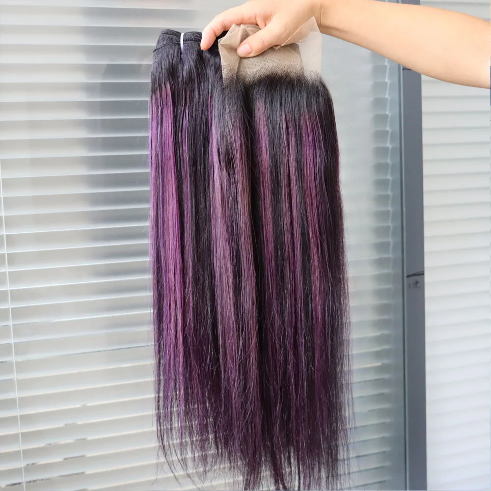 الجملة عذراء الشعر البشري تسليط الضوء على البيانو أومبير اللون 1B حزم الشعر البرازيلي الأرجواني مع إغلاق أمامي الدانتيل لكامل الرأس