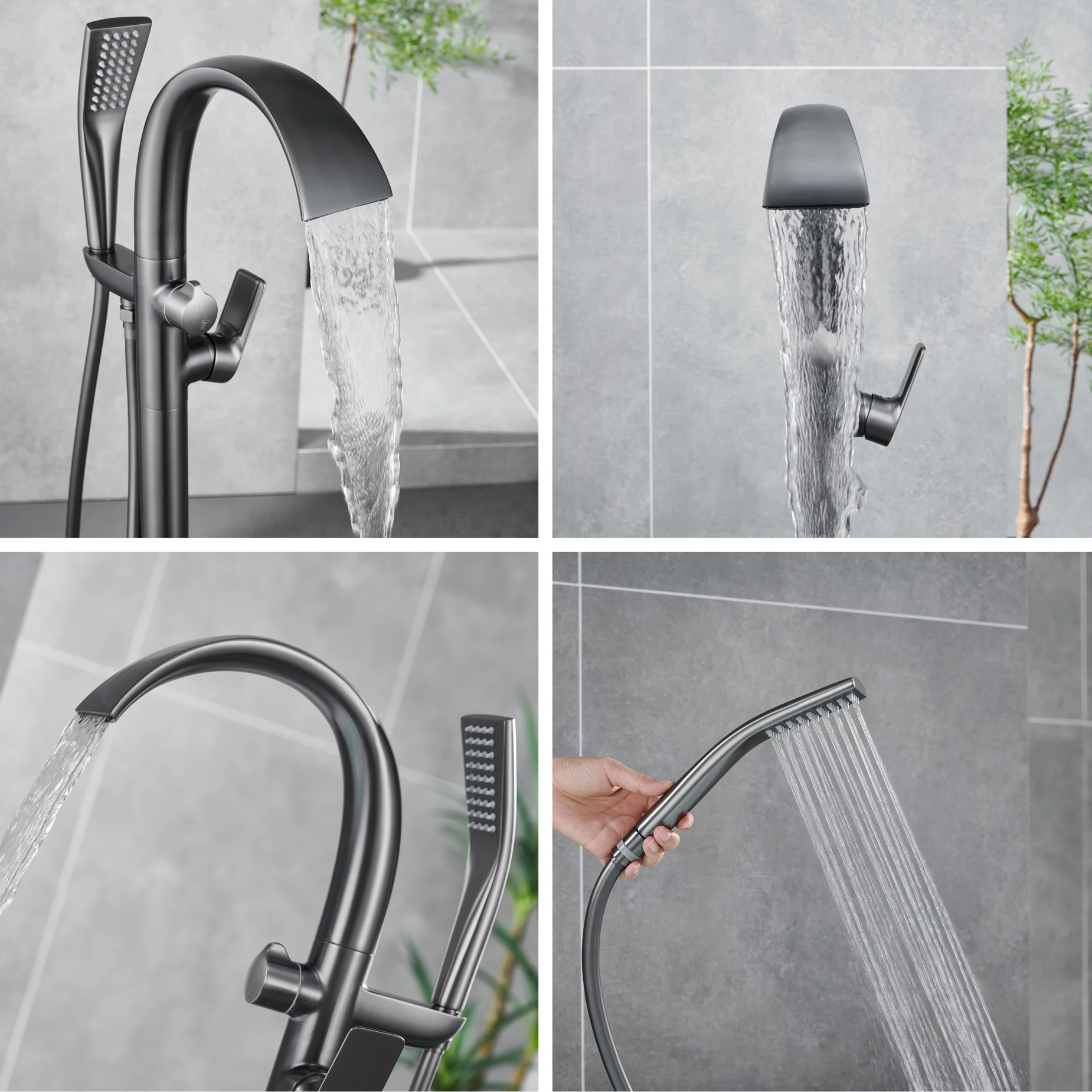 Bathroom Brass Bathtub Faucet Waterfall-Style Floor-Mounted Faucet Hotel Stand-up Brushed Gold Bathtub Mixer Tap with Handheld