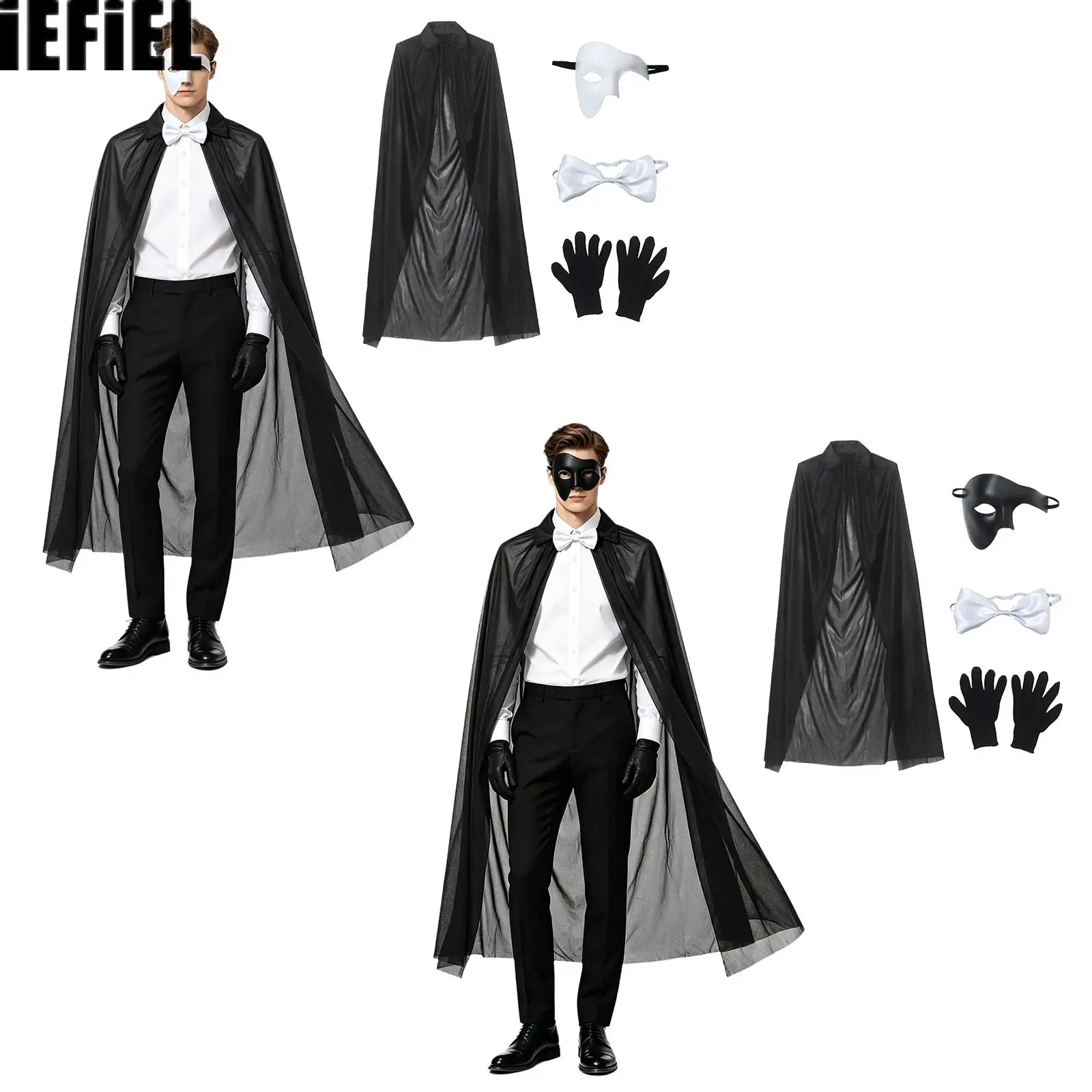 4Pcs Magician Dress Up Set Half Face Mask Bowtie Cape And Gloves Gothic Costume Outfit for Halloween Cosplay Party