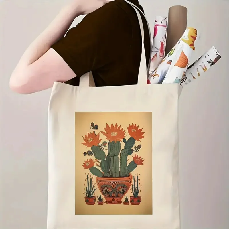 

Canvas Shoulder Bags Vintage Cactus Flower Print Tote Bag Girl Daily Outfits Decor Bag Boho Artistic Reusable Shopping Bags