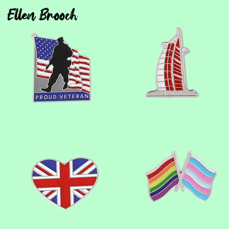 Proud Veteran Enamel Pins US UK Flag Dubai Burj Al Arab Brooch Lapel Badges Jewelry Gift for Friends