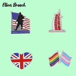 Proud Veteran Enamel Pins US UK Flag Dubai Burj Al Arab Brooch Lapel Badges Jewelry Gift for Friends