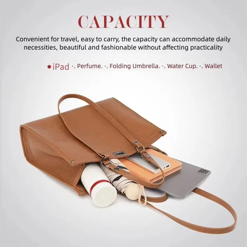 Women Large Capacity Tote Bag PU Leather Rotating Lock Handbag Ladies Vintage Shoulder Bag Multi‑Pocket Office Work Bag Fit IPad
