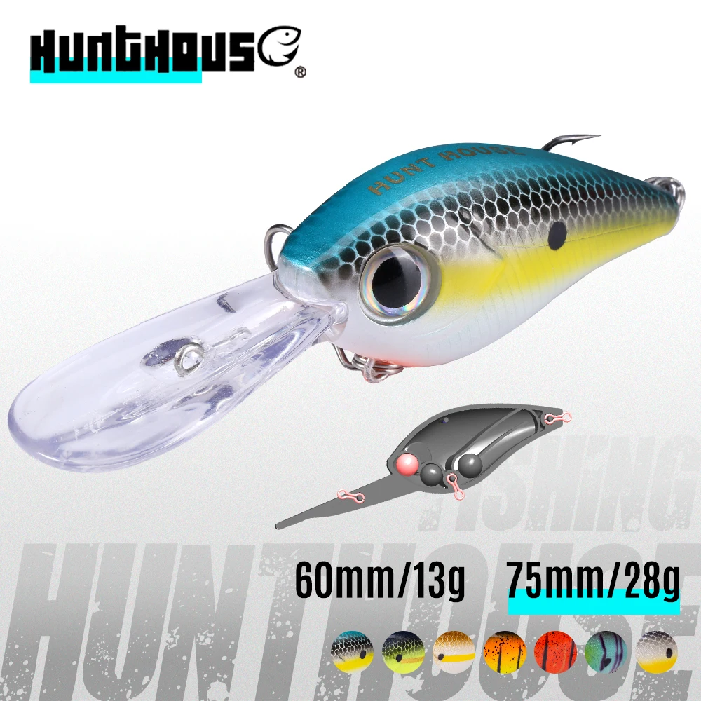 Hunthouse Crankbait Fishing Lure 60/75mm 13/28g Floating Crankbait Leurre for Seabass Long Lip Hard Crank Wobbler Deep Diving