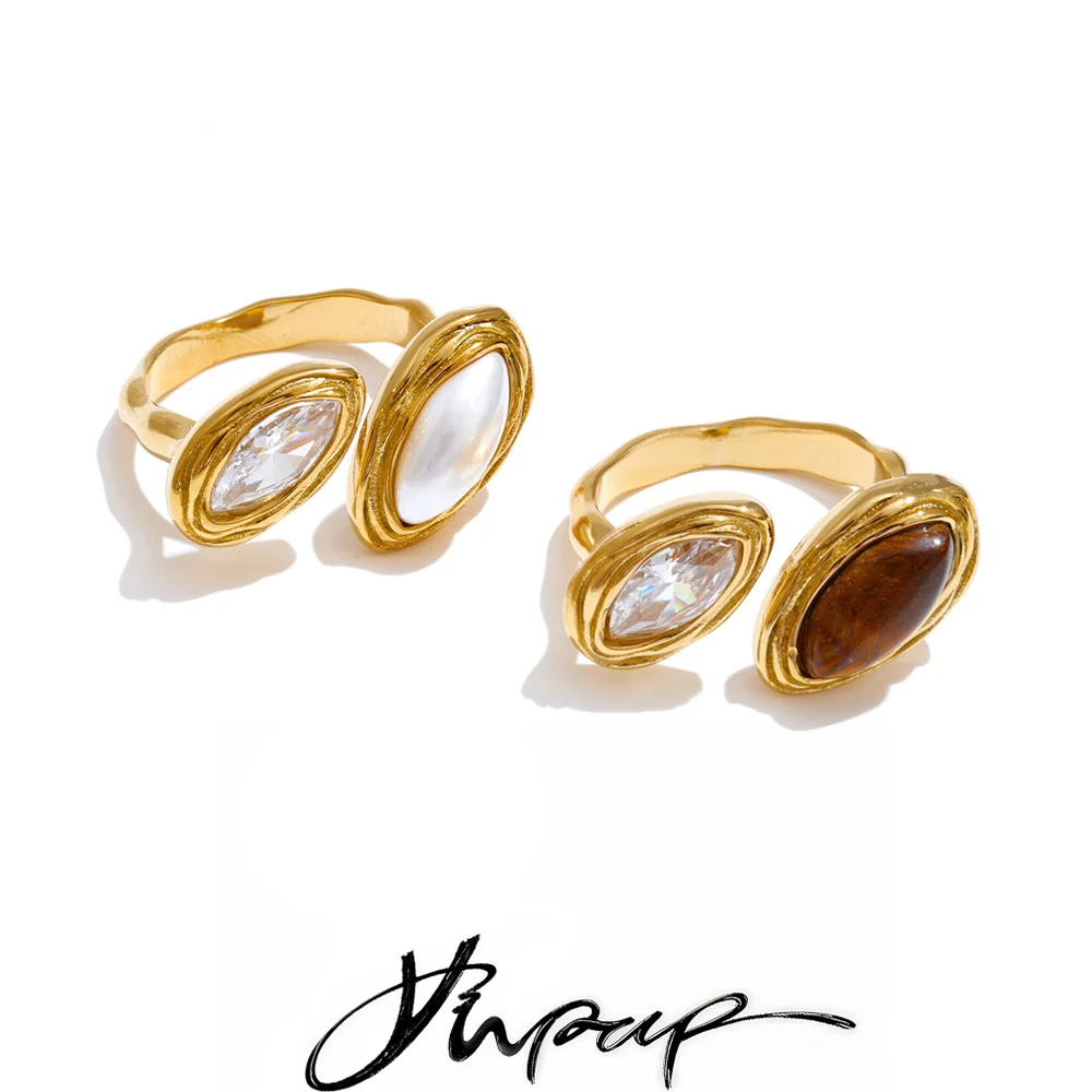 Anillo ajustable de acero inoxidable Yhpup, piedra de tigre Natural, perlas simuladas, circón, chapado en PVD dorado, joyería de dedo elegante Premium