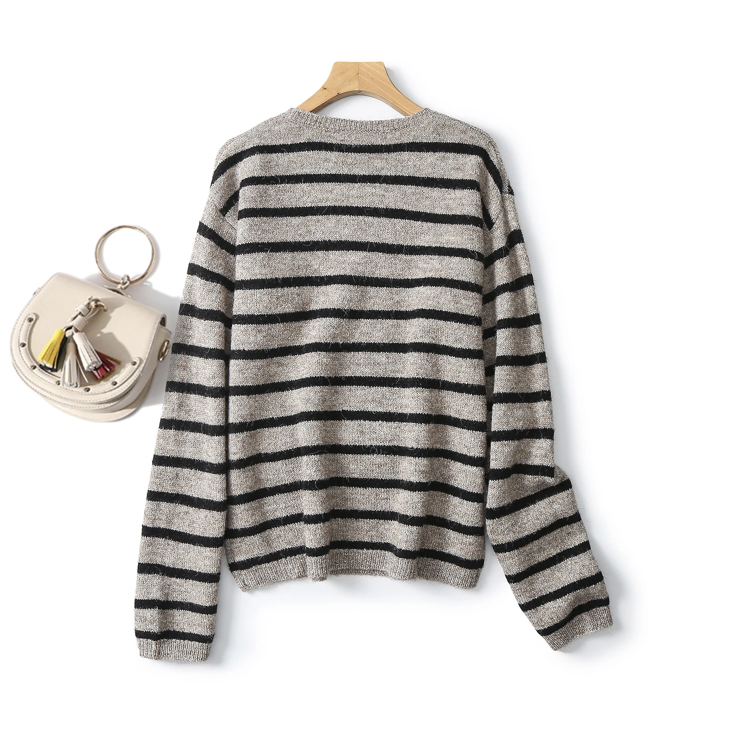Ethereal MD 2024 new style of Women\'s casual lazy soft waxy striped crew-neck sweater sweater