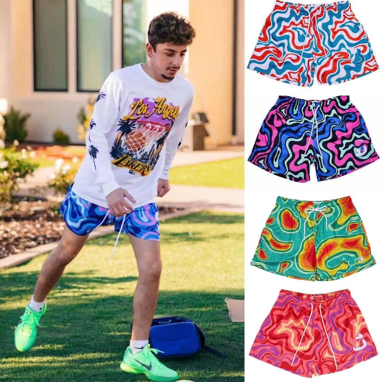 BKTSQD New summer men's shorts men and women's fashion beach seaside sports shorts mesh sports quick-drying quarter pants