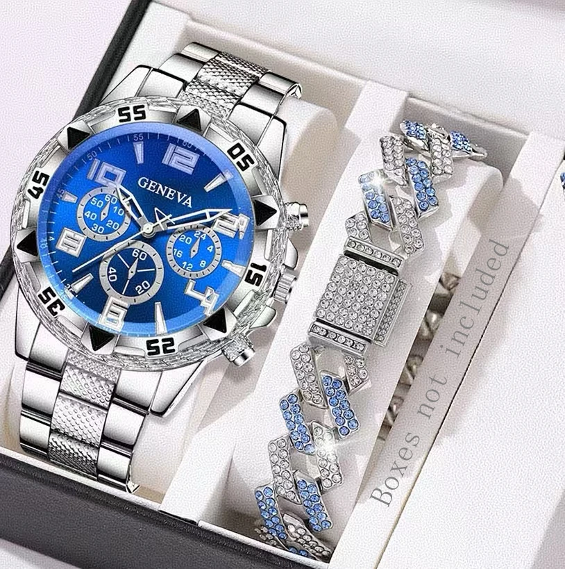 2PC Men's Watch Set Business Trend Digital Scale Blue Circular Dial Quartz Watch Bracelet Set Perfect Gift for Friends or Dad