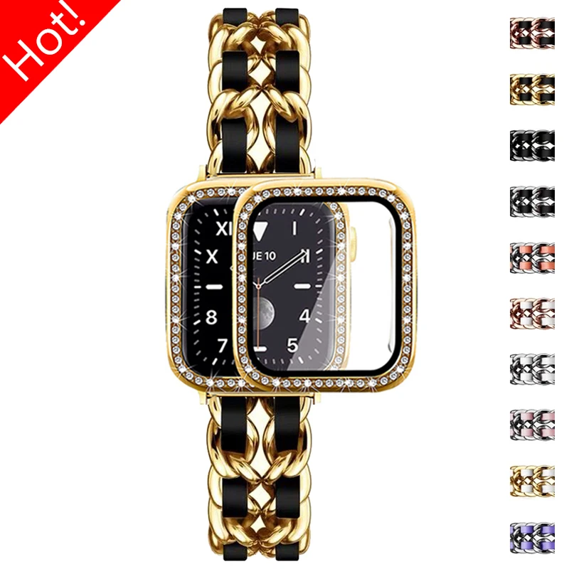 Women Luxury Strap+Diamond Case for Apple Watch Band 45mm 44mm 42mm 41mm Leather Steel Bracelet for IWatch Series 9 8 7 6 SE 5 4