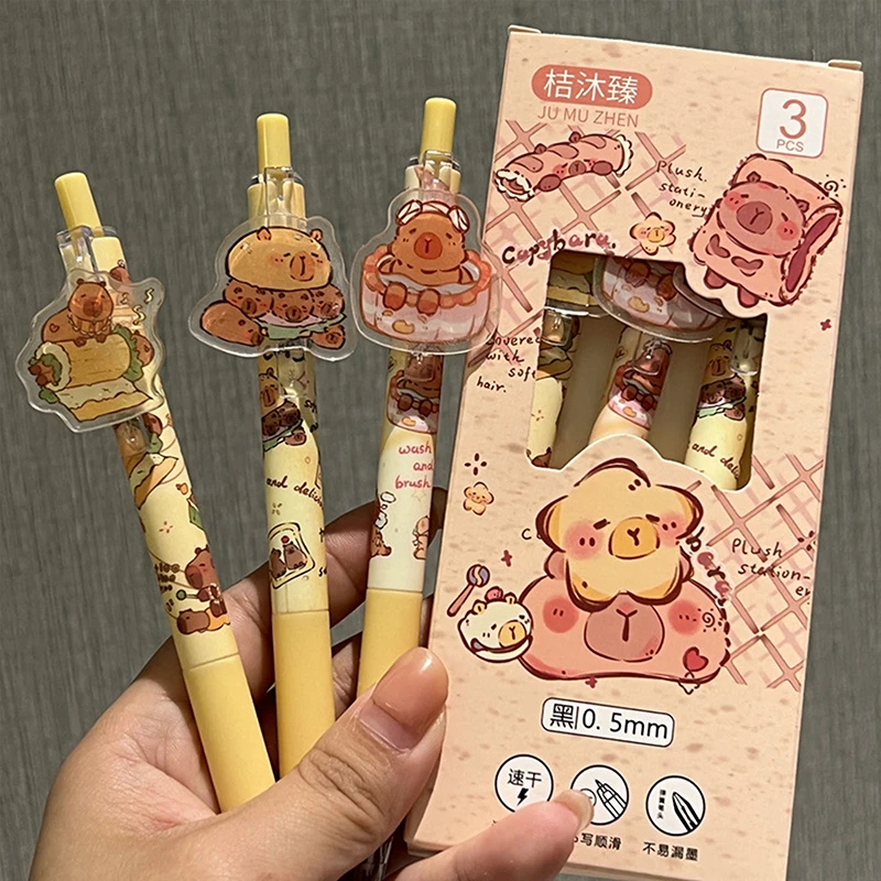 Capivara Pressionando Neutro Gel Pen, Bonito Dos Desenhos Animados, Criativo, Secagem Rápida, Papelaria Estética, Material de Escritório Escolar, Presentes, 3Pcs