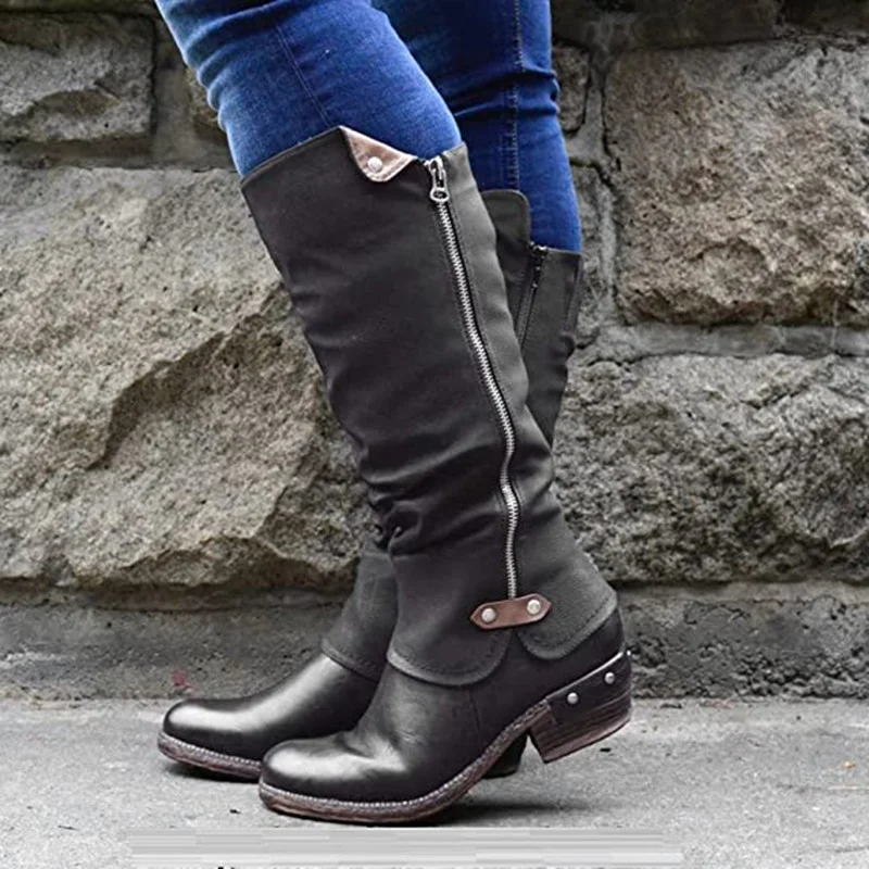 Botas Mujer 2022 Women\'s Boots Winter PU Leather Knee High Boots Women Snow Boots High Heels Zipper Female Shoes Large Size 43