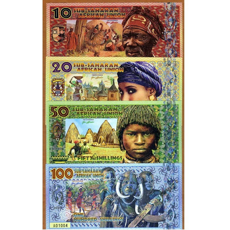 Sub-Saharan Africa Union, 4 PCS Notes, 10-100 Shillings, 2019, Fantasy Polymer Notes for Collection, Angola Cameroon Mali Congo