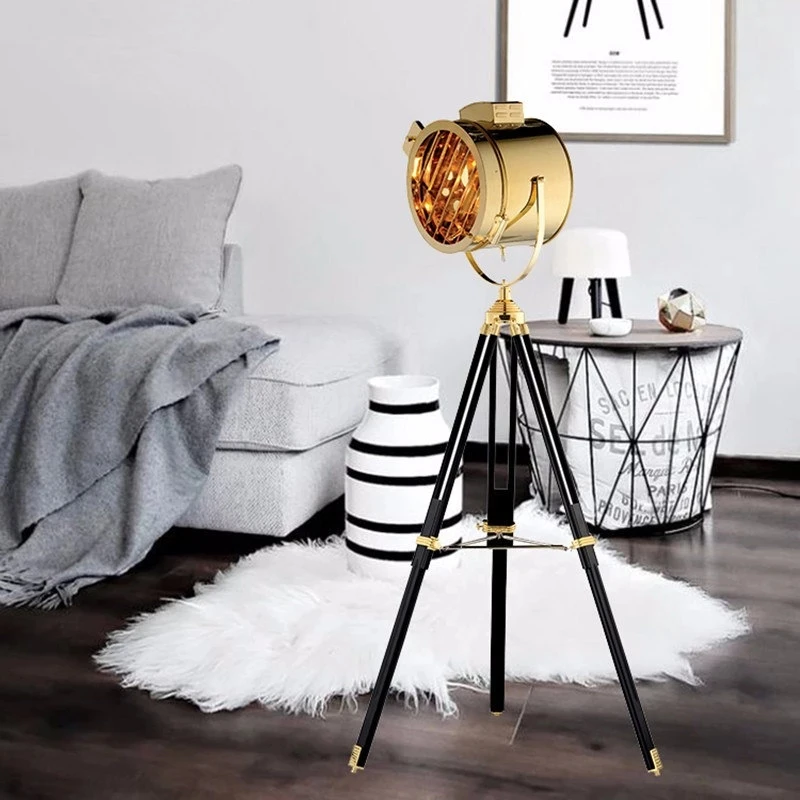 Retro Studio Tripod Floor Lamp Sliver Gold Industry Floor Lights Wooden Corner Standing Lamps For Living Room Indoor Lighting