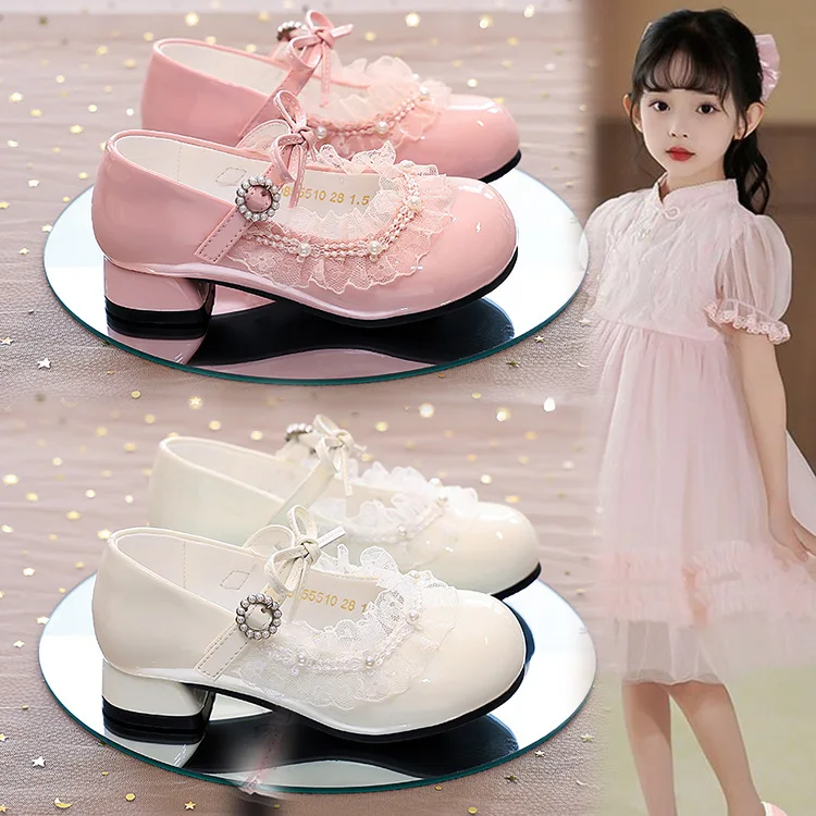 

Girls Spring Autumn Fashion Leather Shoes Children Lolita High Heels Bows Soft Soles Shoes Woman Solid Color Lace Princess Shoes